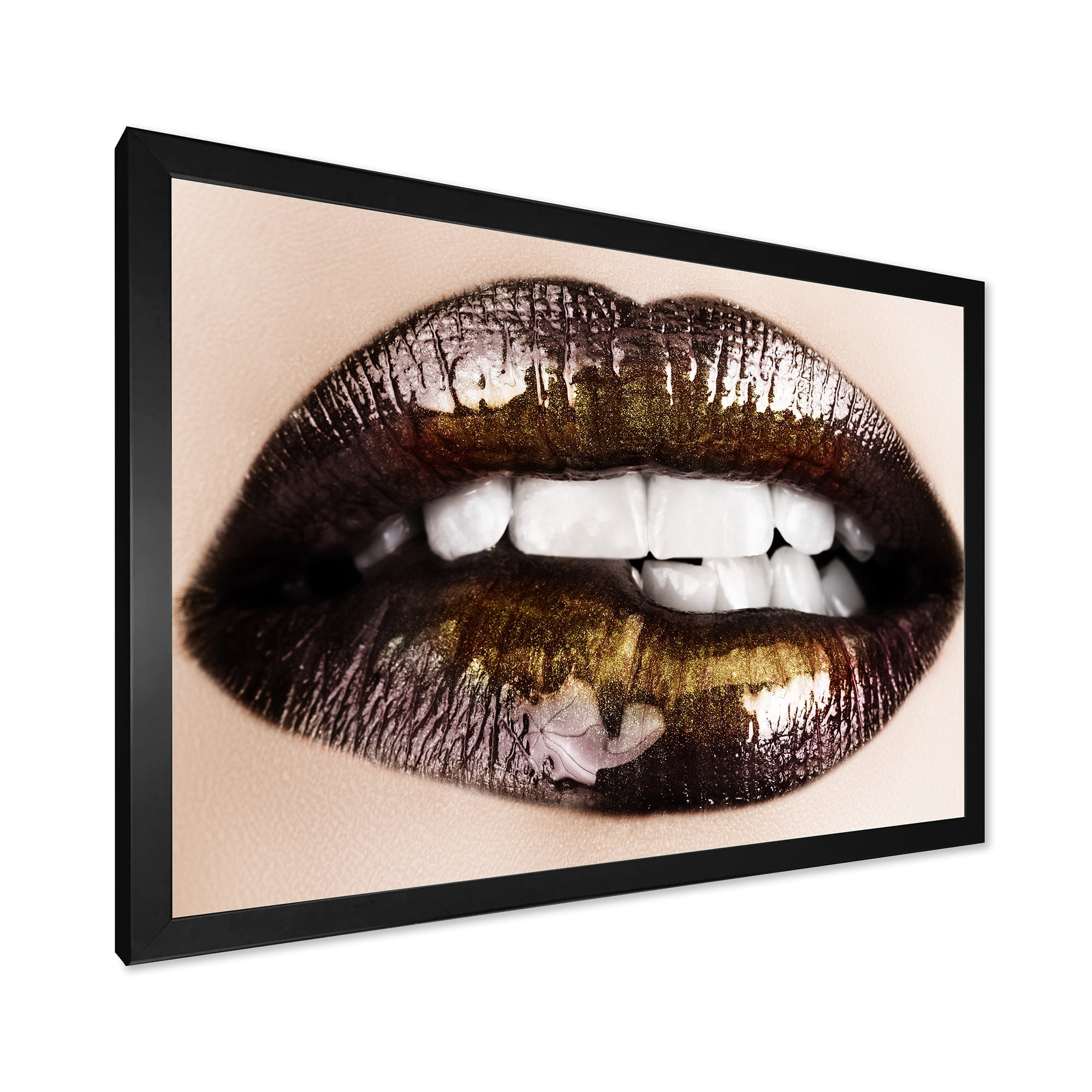 Designart 'Gold Black Lips Biting' Modern Framed Art Print