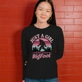 thumbnail image 4 of Just a Girl Who Loves Bigfoot Women's Long Sleeve T-shirt Sasquatch Fan Cryptid Cute Gift Vintage Sunset Wildlife Camping, 4 of 7