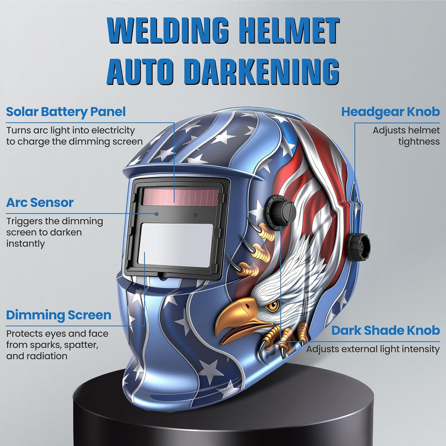 Welding Helmet Auto Darkening Blue Eagle Design Welding Mask 3.86"X2.09" View Area Welding Hood with Sensors Solar Powered Weld Hood Helmet with Adjustable Shade Range 4&9-13