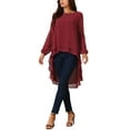 thumbnail image 2 of Women's High Low Tops Lantern Long Sleeve Round Neck Dressy Casual Chiffon Asymmetrical Tops Blouse M Dark Red, 2 of 5