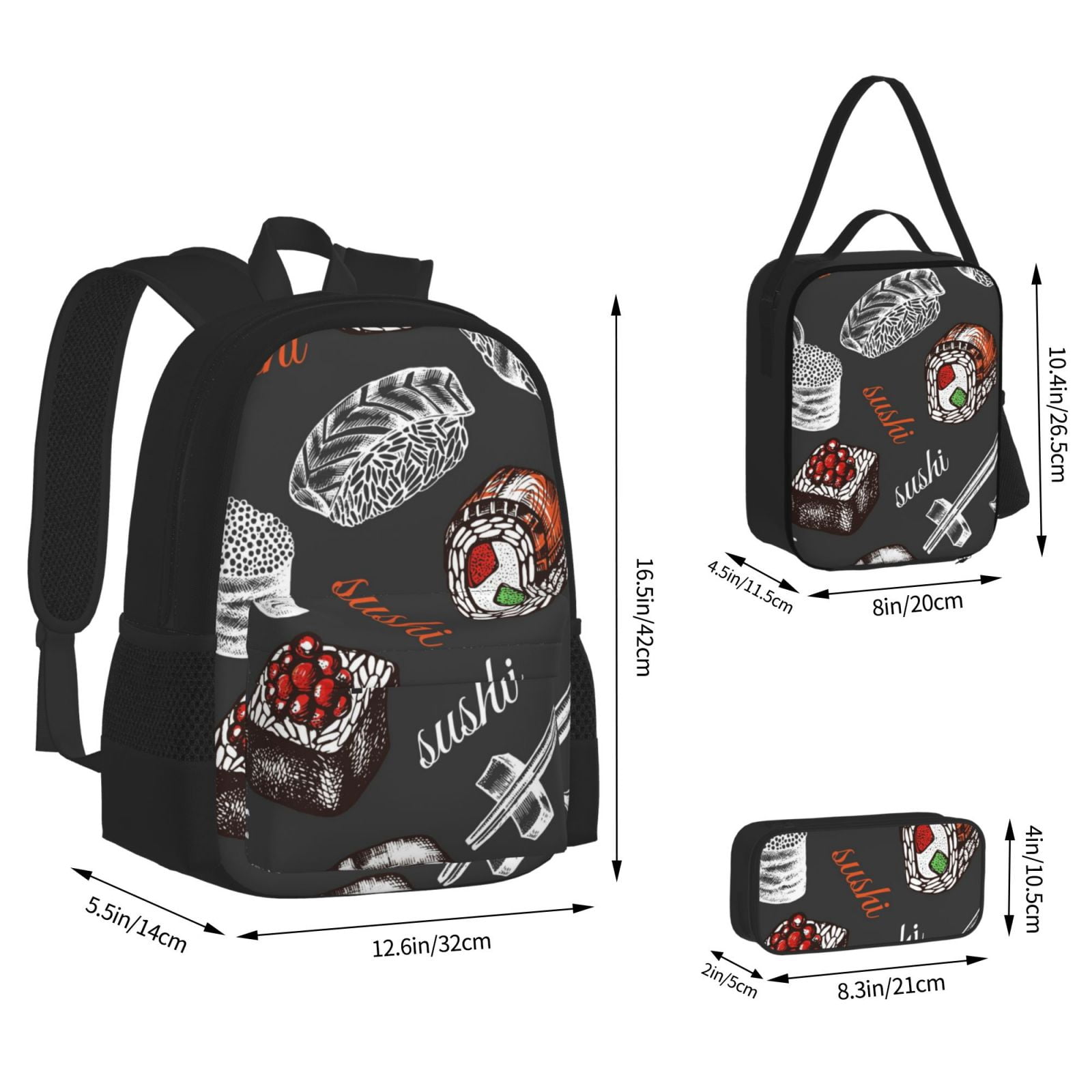 Naloa Japanese Sushi Hashi Print Large Capacity Backpack Lunch Bag Pencil Case Combination 3 Piece Set for Student