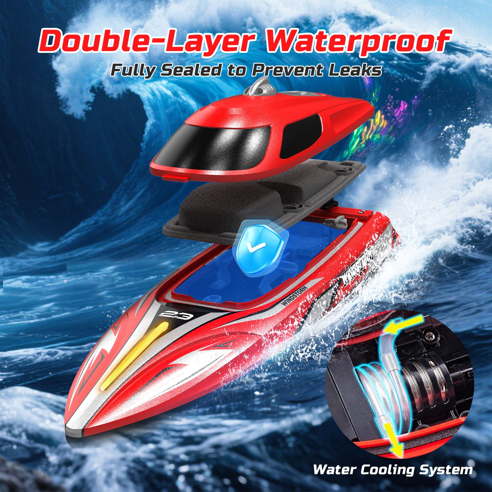 JoyStone 20+ mph RC Boat for Pool & Lakes, 14 inch Remote Control Boat with LED Lights, 2 Batteries 40Mins, Pool Toys for Adults & Kids (Red)