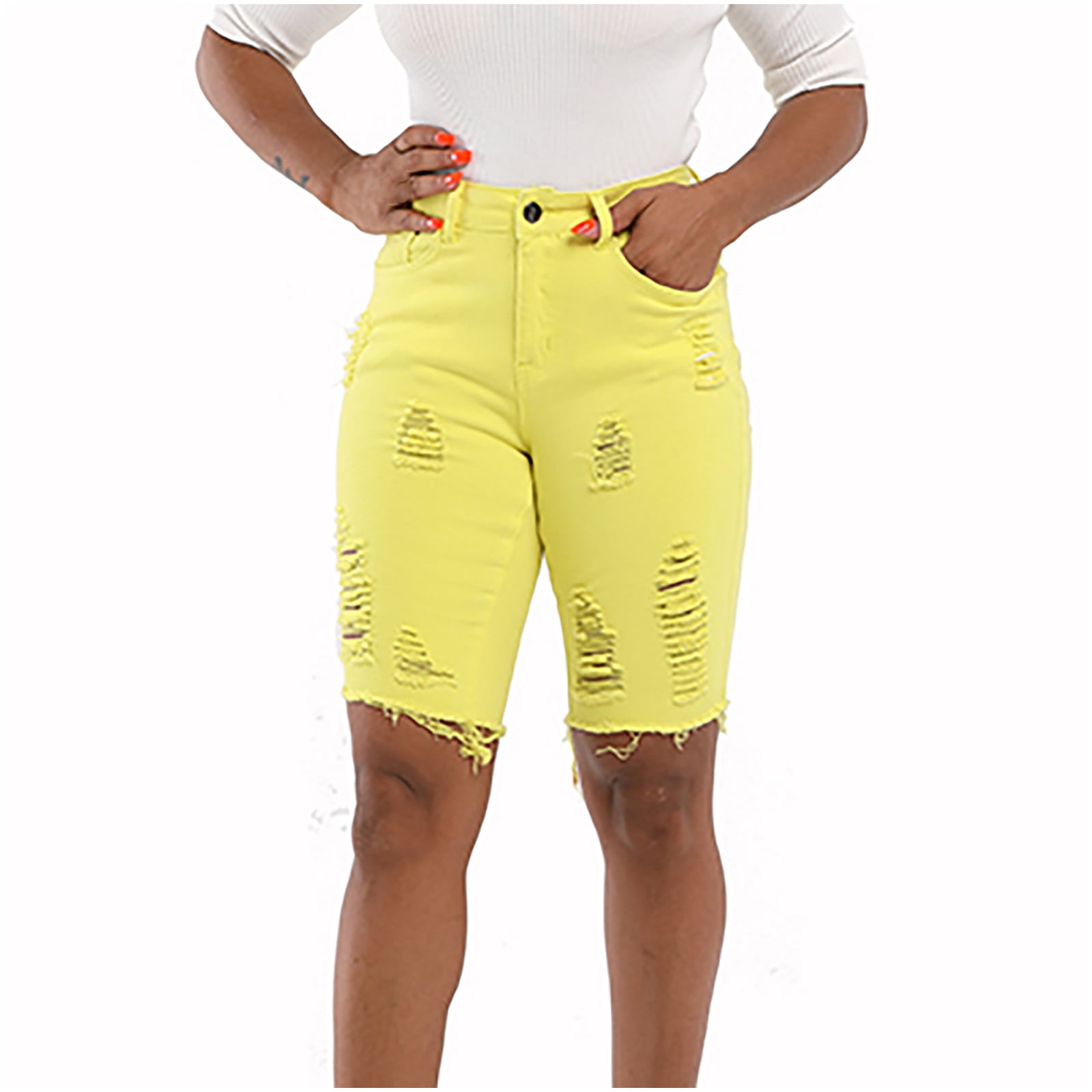 YYDGH Women's Ripped Bermuda Shorts High Waisted Denim Shorts Knee Length  Distressed Jean Shorts Light Blue M