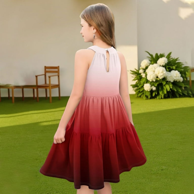 Abcomgle Summer Dress for Girls 7-8 Casual Halter Neck Sleeveless Girls  Dresses Gradient A-line Sundresses Holiday Swing Dresses 5-6 Years,Wine
