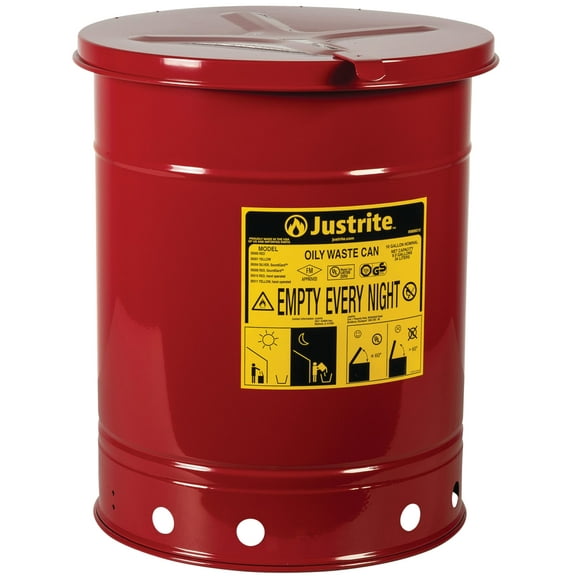 Justrite 10 Gallon Galvanized Steel Oily Waste Can, 18" x 14" Metal Oil Rag Safety Can with Hand Operated Self-Closing Lid for Oil Rag Disposal, Made in The USA, Red, 09310 CA2
