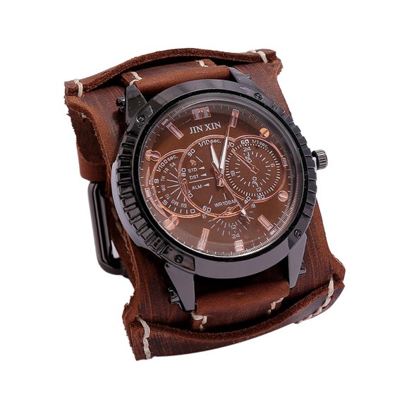Reloj de pulsera para hombre, correa ancha, hebilla clásica de cuero, reloj de pulsera, reloj de puño Marrón