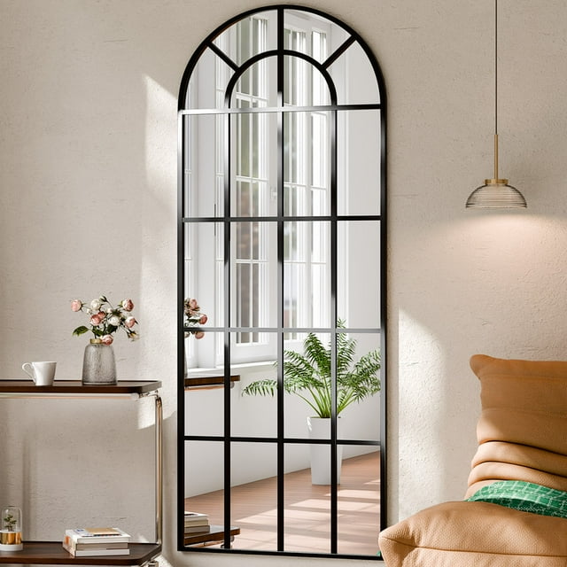 BEAUTYPEAK 71"x 30" Arched Full Length Windowpane Mirror Wall-Decor Mirror,Black