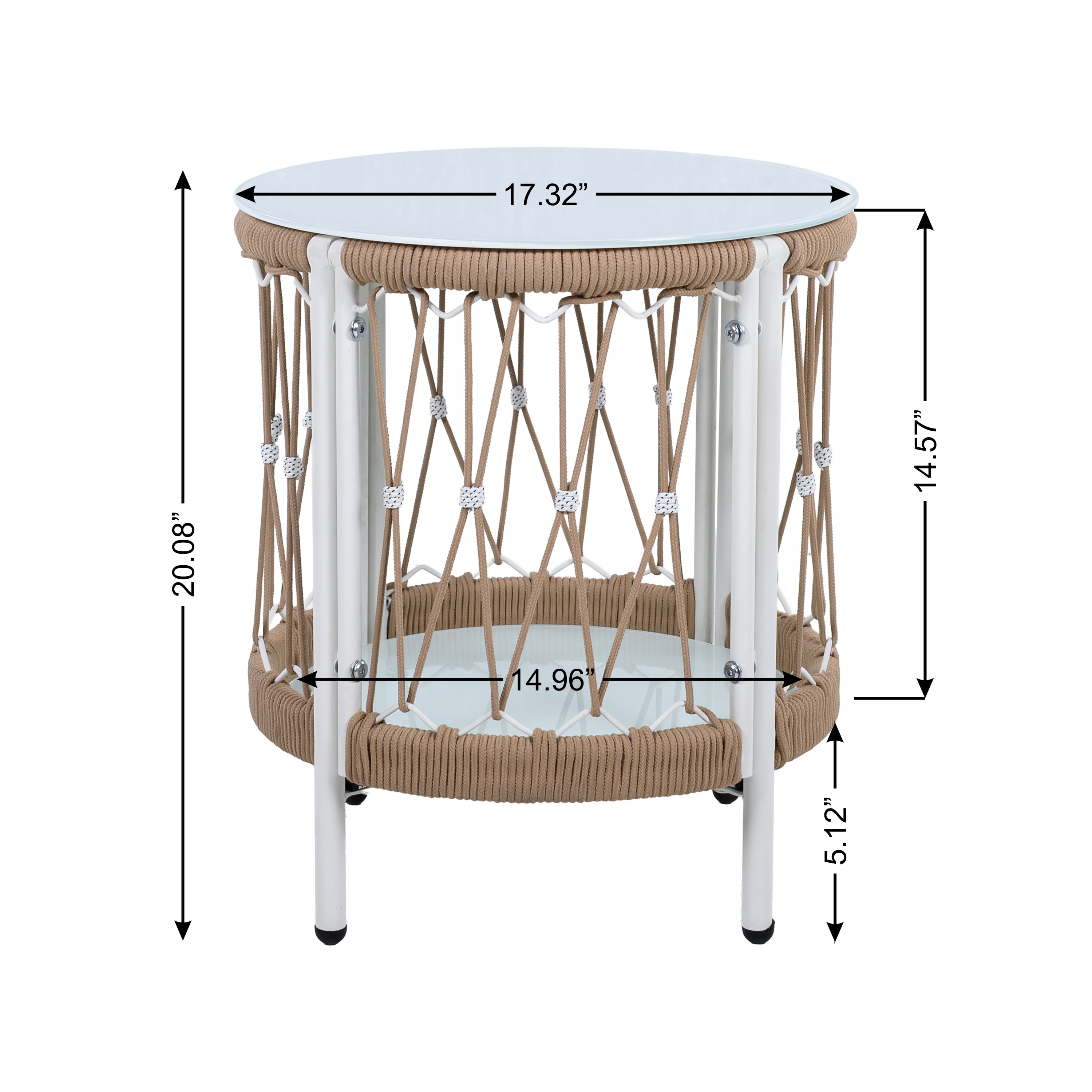 Bohemian Accent Side Table, 17.32 Inch Outdoor Table with Handwoven Rope and Steel Frame, Brown