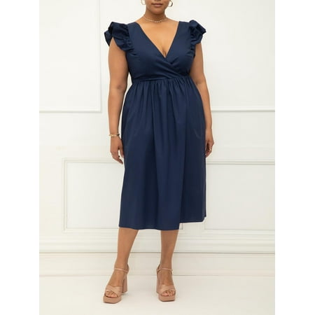 ELOQUII Elements Women's Plus Size Surplice Midi Dress with Ruffle Sleeves