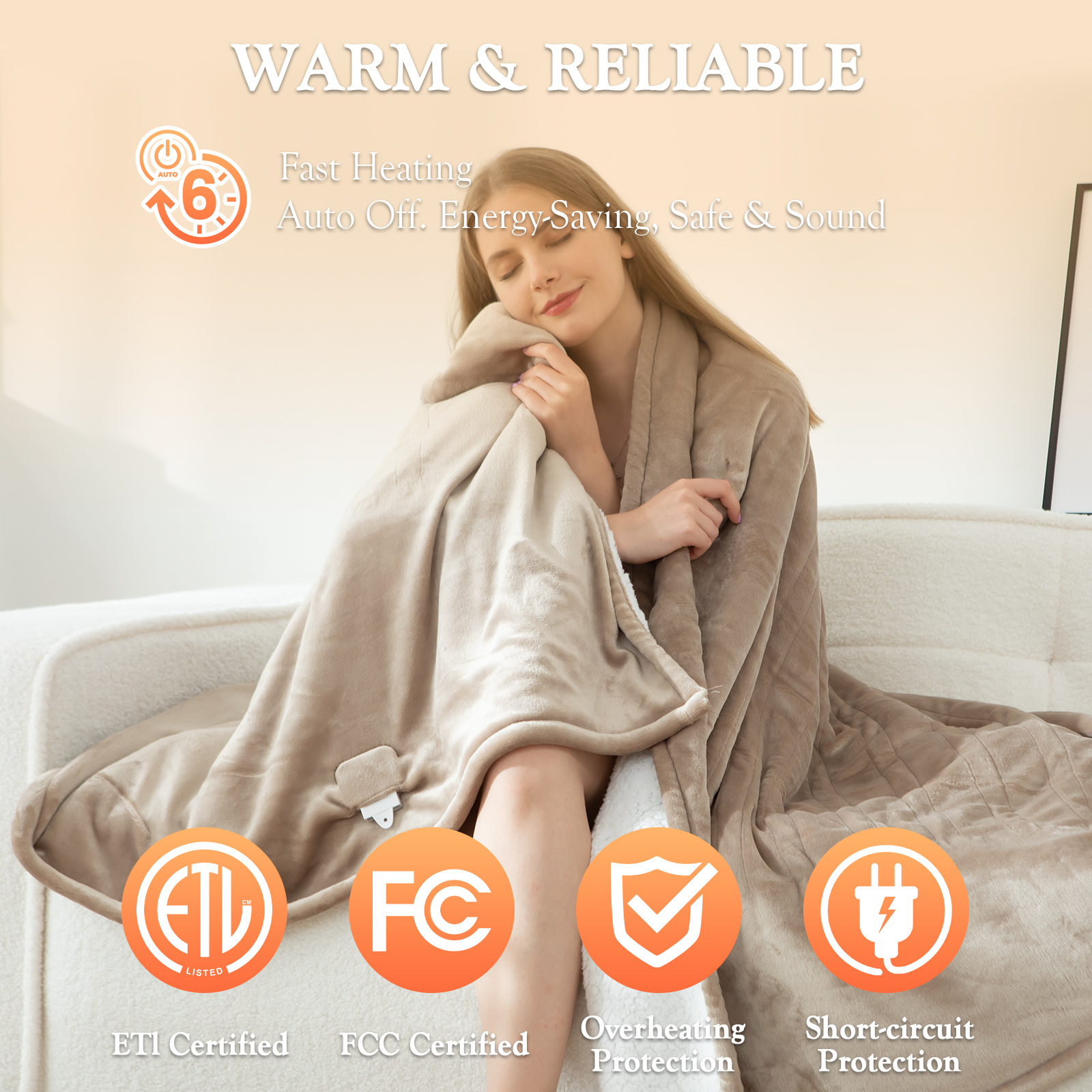 COZY@HOME Electric Blanket, Sherpa and Flannel Throw Size 50"x60", Light Taupe，Fast Heating 6 Heating Levels & 4H Auto-Off, Machine Washable
