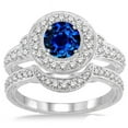 thumbnail image 2 of Art Deco 2.25 Carat Round Shape Blue Sapphire Antique Halo Bridal Set Moissanite Diamond Engagement Ring on 10k White Gold, 2 of 3