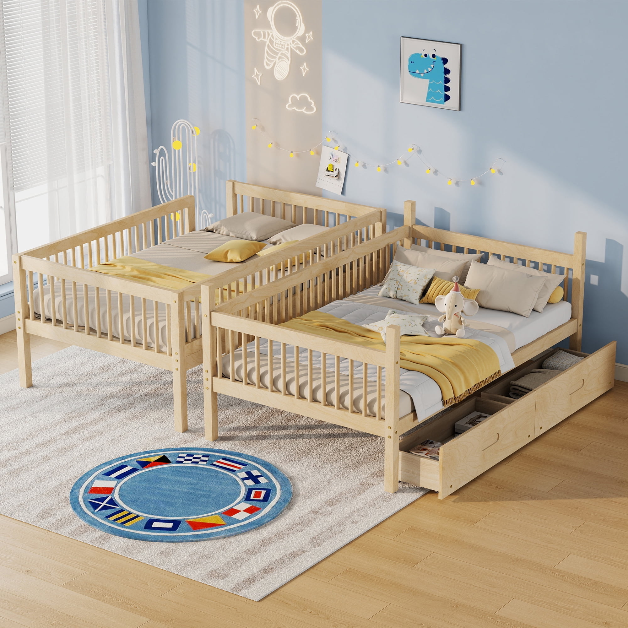 HOQBN Twin Over Twin Pine Wood Bunk Bed with 2 Drawers, Convertible into 2 Twin Beds, Twin Over Twin Bunk Bed Frame with Ladder and Safety Guardrails,Natural