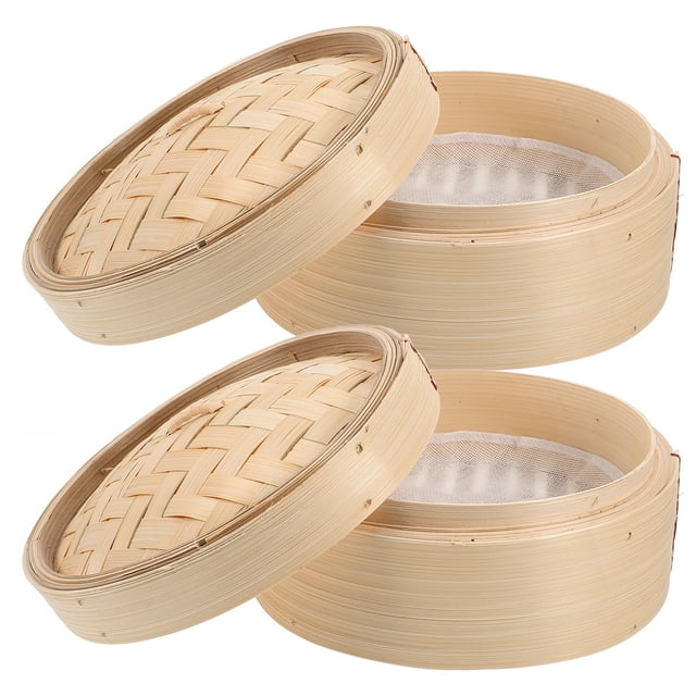 2pcs 8 Inch Bamboo Steamers Chinese Dim Sum Cookers Dessert Lotus Leaf Rice Steamers Kitchen Cooking Tools with Cover