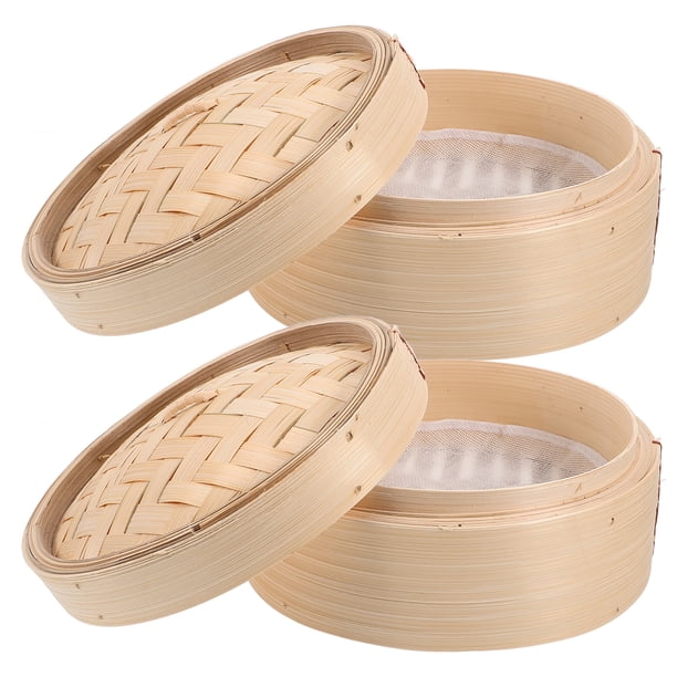 2 vaporeras de bambú de 8 pulgadas para cocinar dim sum chino, postres, hojas de loto, arroz, utensilios de cocina con tapa