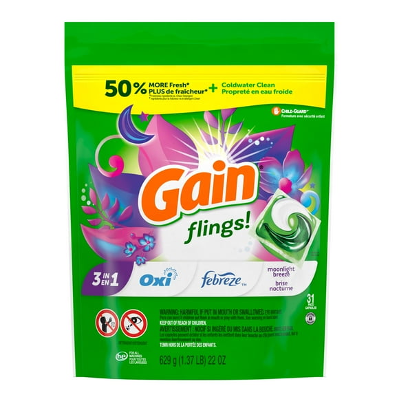 Capsules de détergent à lessive Gain Flings, capsules de savon à lessive concentrées, avec Odeur Défense, parfum Brise nocturne