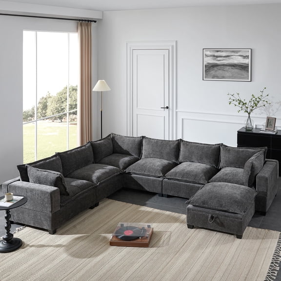 DTTRA 117.5" Modular U-Shaped Sectional Sofa with Movable Storage Ottoman, Oversized 7-Seat Chenille Couch with 28" Wide Seats, Cloud Foam Cushions, Free Combination Sofa for Living Room – Gray