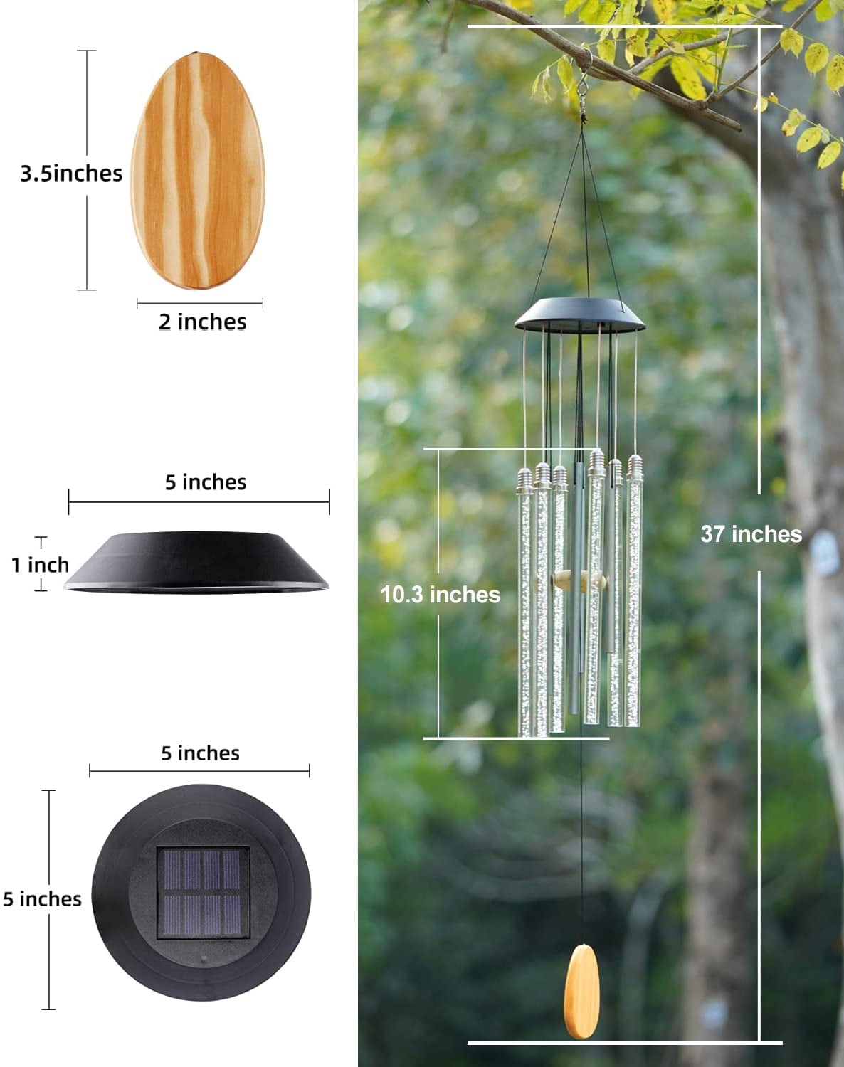 Solar Wind Chimes for Outside, 6 LED Tubes Color Changing Outdoor Clearance Unique Garden Decor Colorful Patio, Gifts for Her/Him (37" Long)