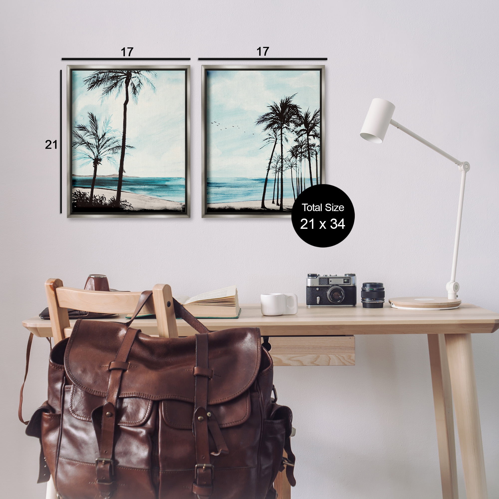 Stupell Industries Tropical Palm Seaview Landscape & Nature Painting Gray Floater Framed Canvas Art Print Wall Art, 17 x 21, Set of 2