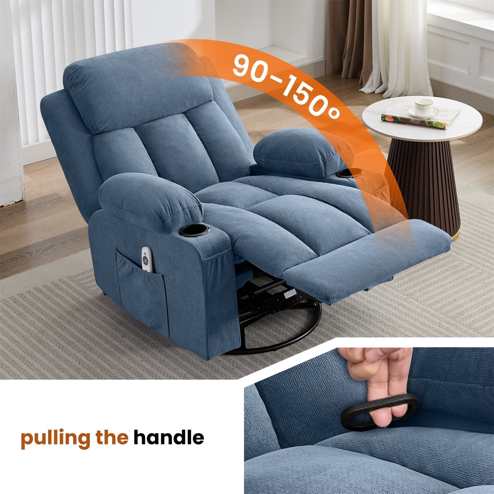 Alvantor Swivel Recliner Chair with Massage & Heat for Adults, Single Rocker Sofa with Cup Holders for Bedroom Home Theater Blue