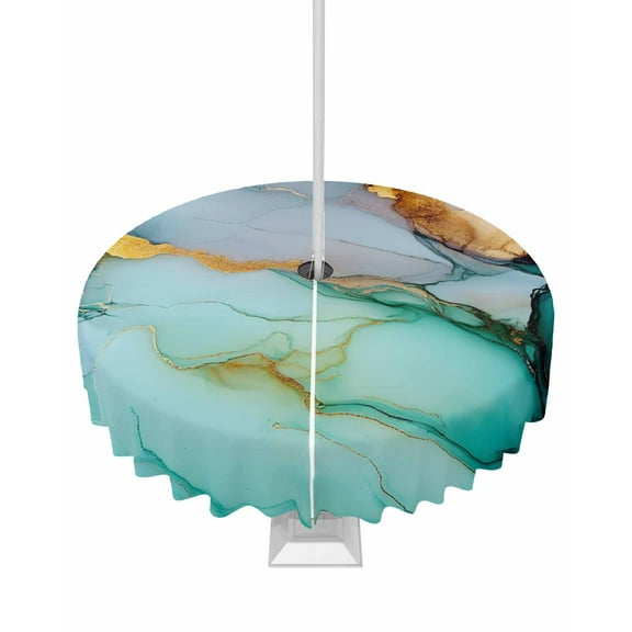 Fsddascl Teal Ombre Outdoor Tablecloth - 54 Inch Round Dining Table Cover, Modern Ink Painted Abstract Marble Waterproof Outdoor Table Cloth with Umbrella Hole & Zipper for Picnic/Patio/Party
