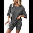 thumbnail image 3 of Pijama de 2 Piezas para Mujer, de Punto Acanalado, con Camiseta y Pantalones Cortos A Juego, Ropa de Dormir, Gris Oscuro, Talla L, 3 of 7