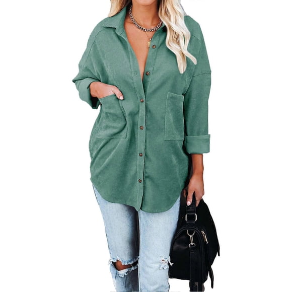 Women Button Down Jackets Corduroy Long Sleeve Shirt Pure Color Drop Shoulder Corduroy Jackets with Pockets