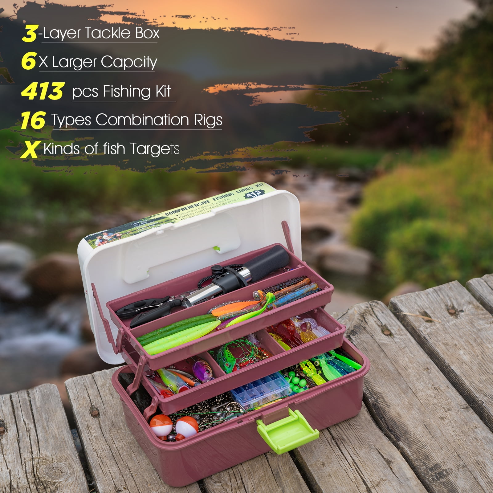 THKFISH 3 Layers Tackle Box with Tackle Included, 413Pcs Fishing lures Accessories and tools Kit Contains Crankbait, Hooks, Weights Sinkers Bass Fishing Pliers Gear Gift for Men