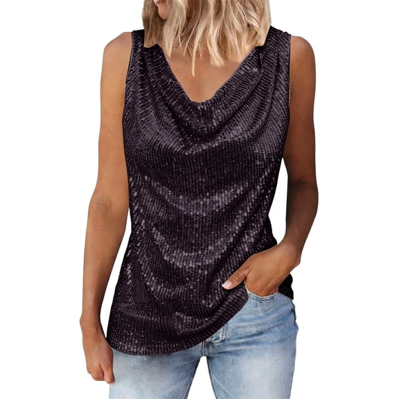 WTXUE Womens Sequin Sleeveless Cowl Neck Tank Tops Loose Fit Tunic Tops Sparkly Shimmer Party Dressy Club Shirts Tube Top Going Out Tops Dressy Casual Shirts for Evening Party Black L