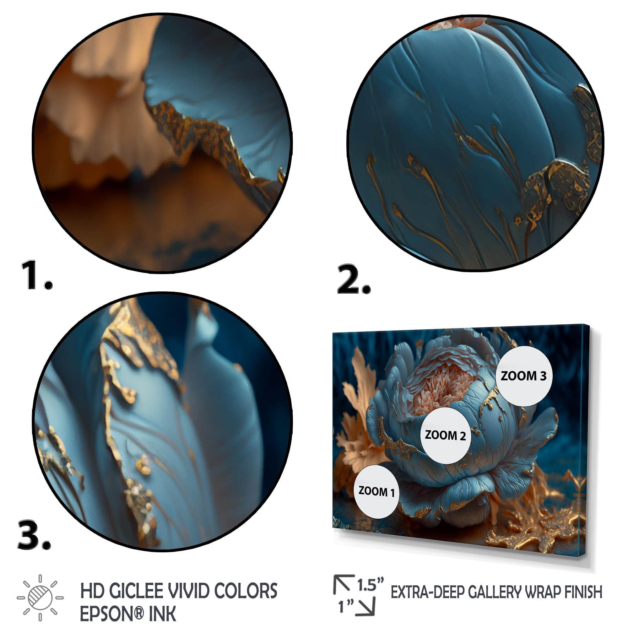 Designart Ice Blue And Gold Peony II Canvas Wall Art