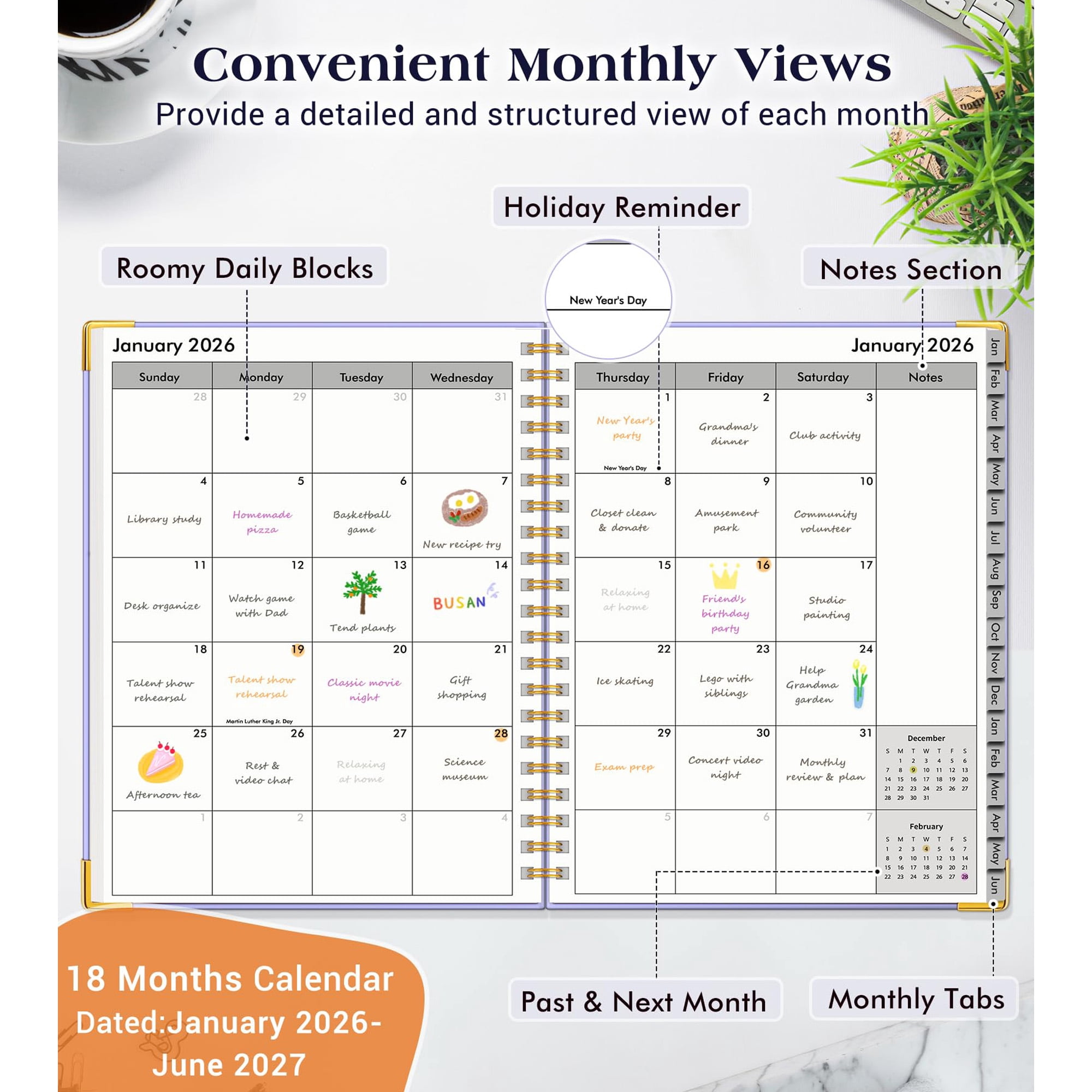 2026-2027 Planner, 18 Month Weekly Monthly Calendar, January 2026 to June 2027, A4 Large 8.5x11 Hardcover Organizer with Tabs, Spiral Bound, Purple