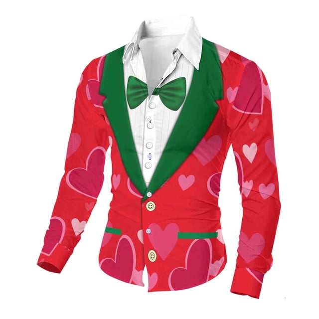 Xuyuer Valentine's Day Hawaiian Shirt Tuxedo for Men Graphic Long Sleeve Party Tux Tee Casual Top Button Down Shirts