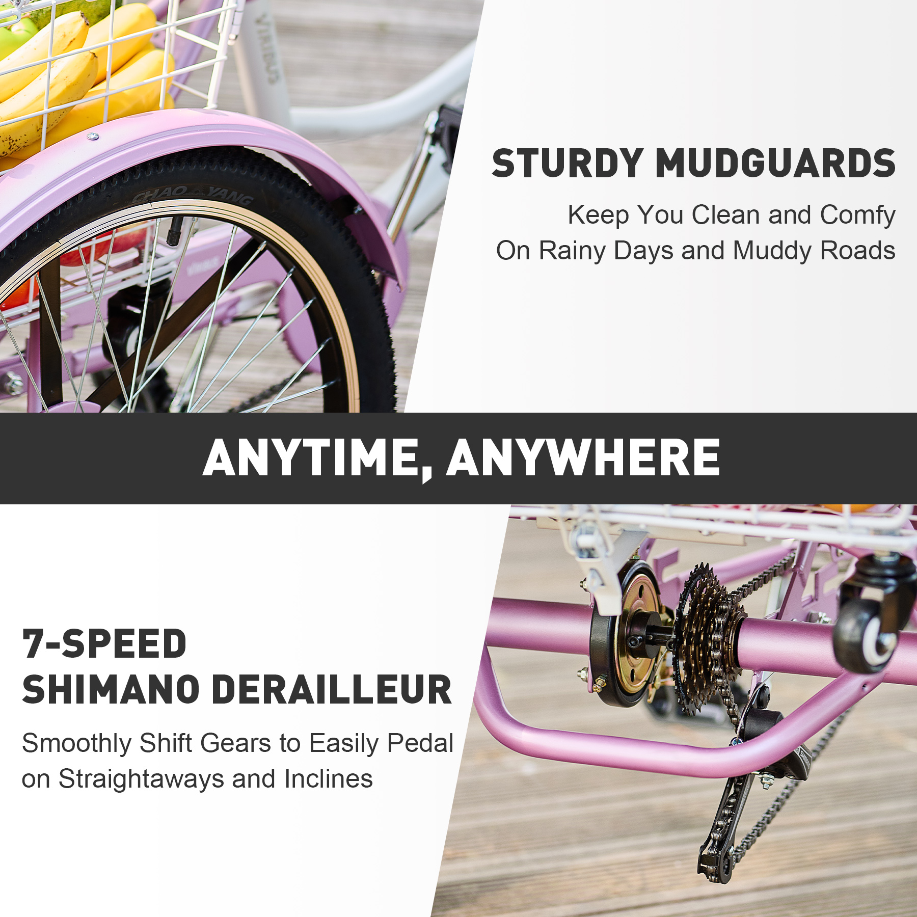 VIRIBUS 24 Inch Adult Trike 7 Speed Bike w Adjustable Seat 2 Baskets Purple White