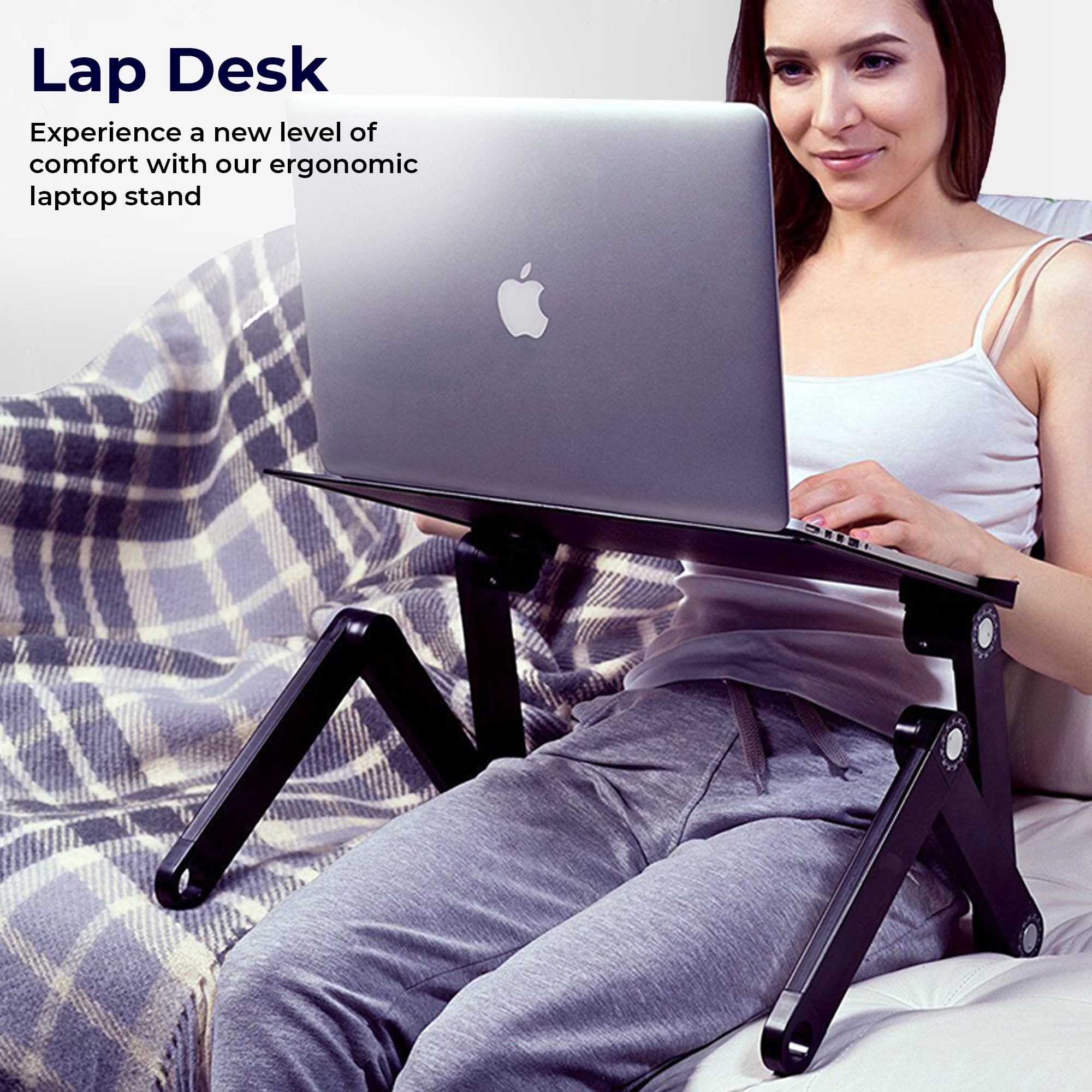 WorkEZ Cool Adjustable Laptop Cooling Stand with Dual Fans, 3 USB Ports & Mouse Pad – Portable Aluminum Laptop Desk for Bed, Couch, or Standing Workstation (Black)
