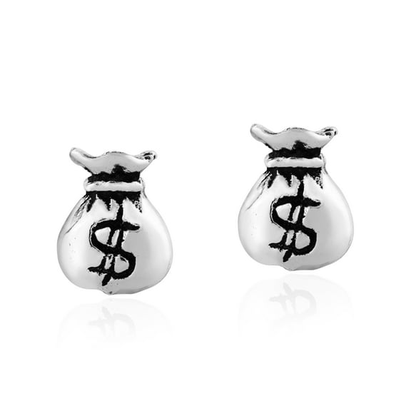 Whimsical Dollar Sign Money Bag .925 Sterling Silver Stud Earrings | Sterling Silver Stud Earring for Women | Minimalist Everyday Stud Earrings | Stud Earrings Jewelry