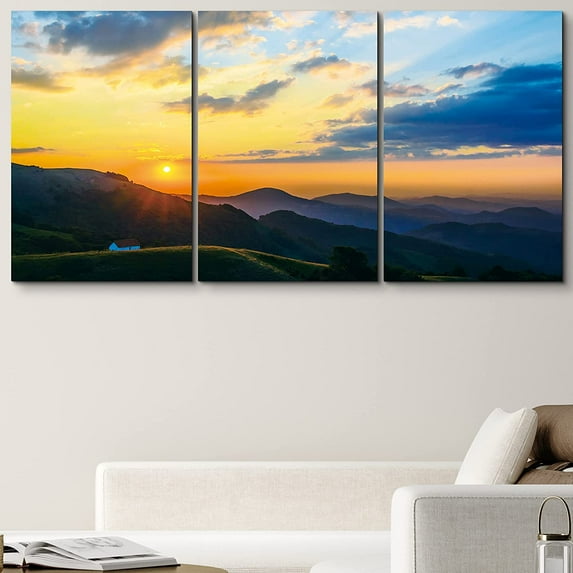 PixonSign Canvas Print Wall Art Set Blue & Orange Sunset Over Mountains Nature Wilderness Photography Realism Rustic Landscape Relax/Calm Multicolor Dark for Living Room, Bedroom, Office - 24"x36"x3