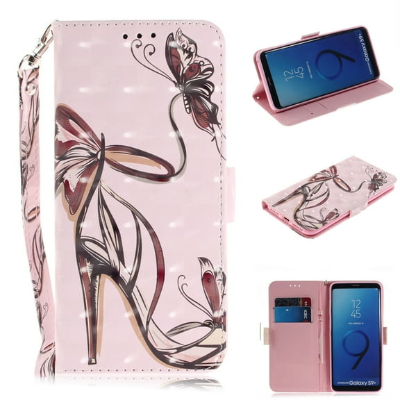 Galaxy S9 Case, S9 Case, Allytech 3D PU Leather Protective Cover & Pocket Lanyard Wallet with Cards Holder, Support Kickstand Slim Case for Samsung Galaxy S9, Butterfly High Heels
