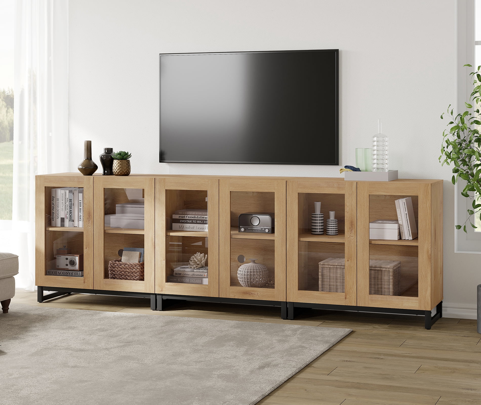 WAMPAT Modern TV Stand with Glass Doors for 110 inch TVs, Farmhouse Entertainment Center TV Console with Adjustable Shelves for Living Room, Bedroom, Oak