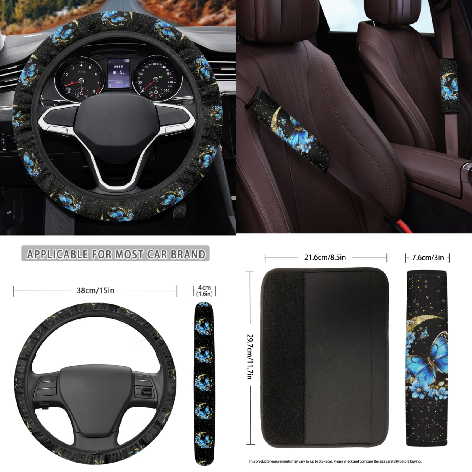 Yuyamidu Blue Butterfly Car Seat Cover Split Covers Moon Car Carpet Mats Blue Flower Steering Wheel Cover Seatbelt Pads Auto Handbrake Cover Set Coasters Auto Decor Set of 15