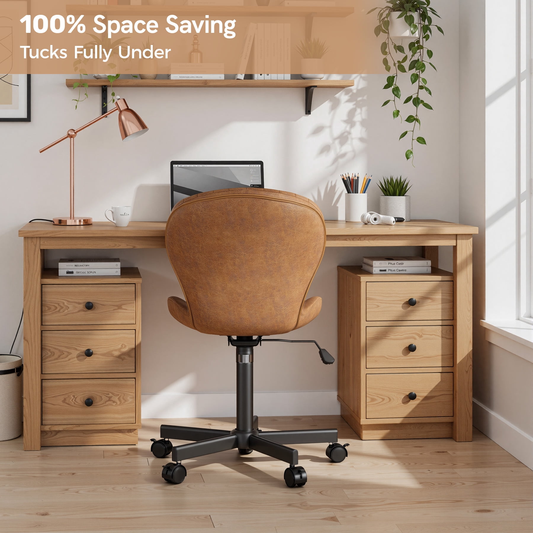 MOONMISS Mid Back PU Leather Desk Chair with Wheels,Armless Adjustable Swivel Vanity Chair for Bedroom Home Office Living Room,Brown