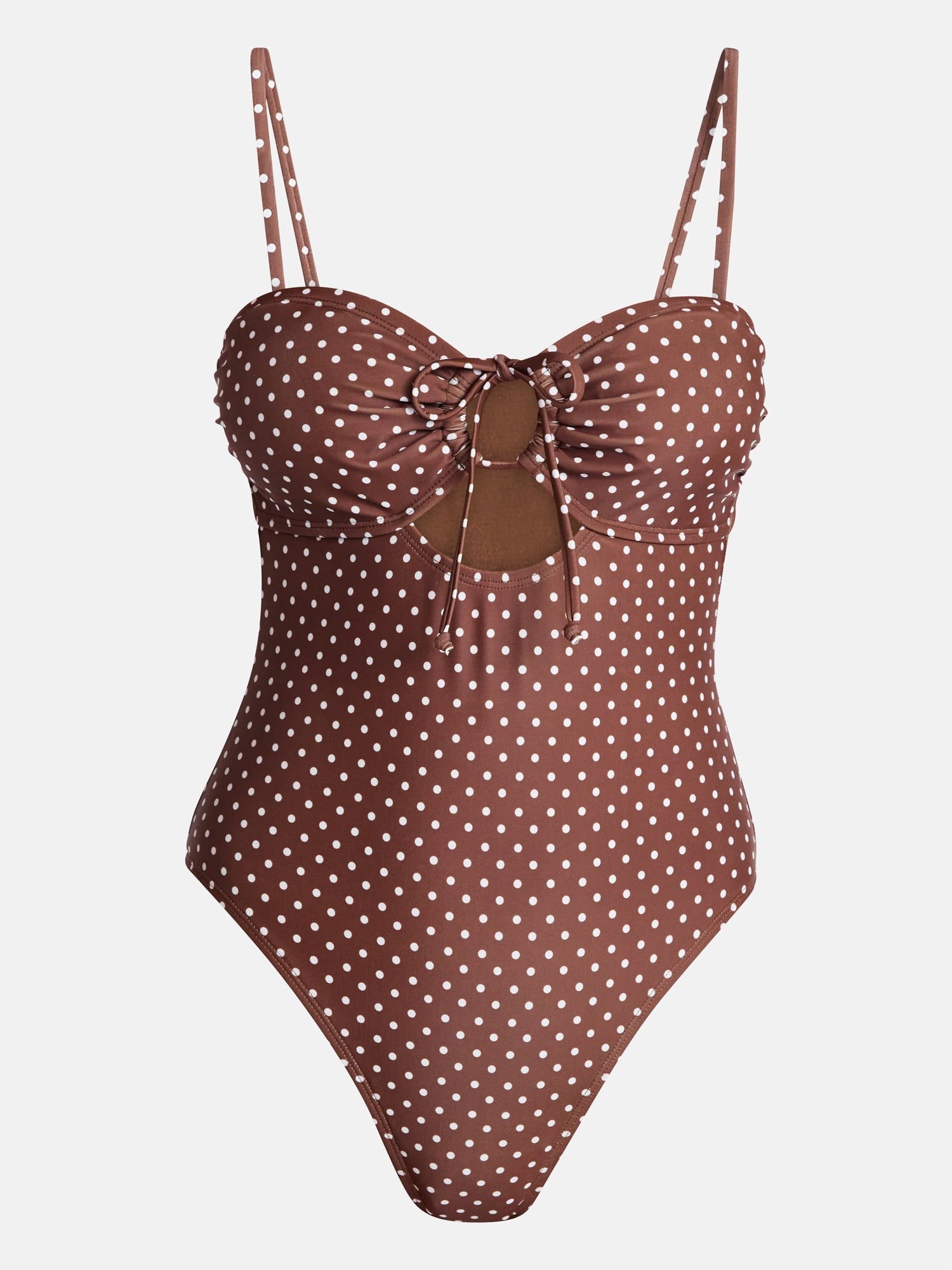 No Boundaries Polka Dot Tie Front Bandeau One Piece Swimsuit, Women's XXS-XXL