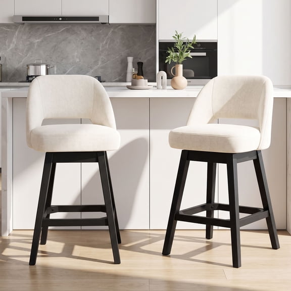 EOP 26'' Swivel Counter Height Bar Stools Set of 2, Modern Upholstered Bar Stools with Curved Back and Solid Wood Legs, Bar Chairs for Kitchen Island Home Bar, Beige