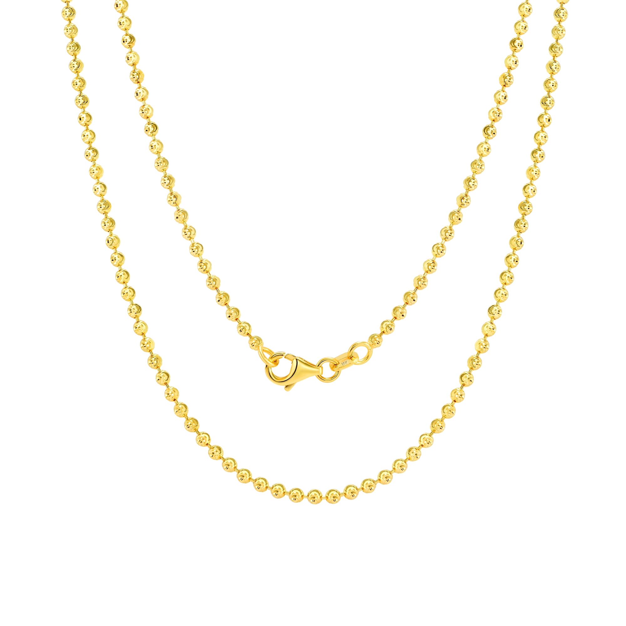 Nuragold 10k Real Yellow Gold Solid Ball 2mm Moon Diamond Cut Bead Dog Tag Necklace (16"-30") Italian Jewelry for Men & Women