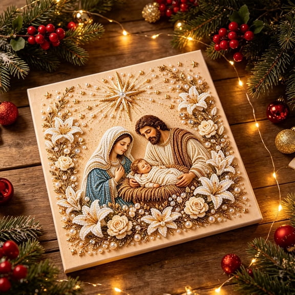 Holy Family Nativity Pearl Art Kit for Adults - 3D Craft with Frame, Sparkling Religious Wall Decor, Christmas Gift for Beginners