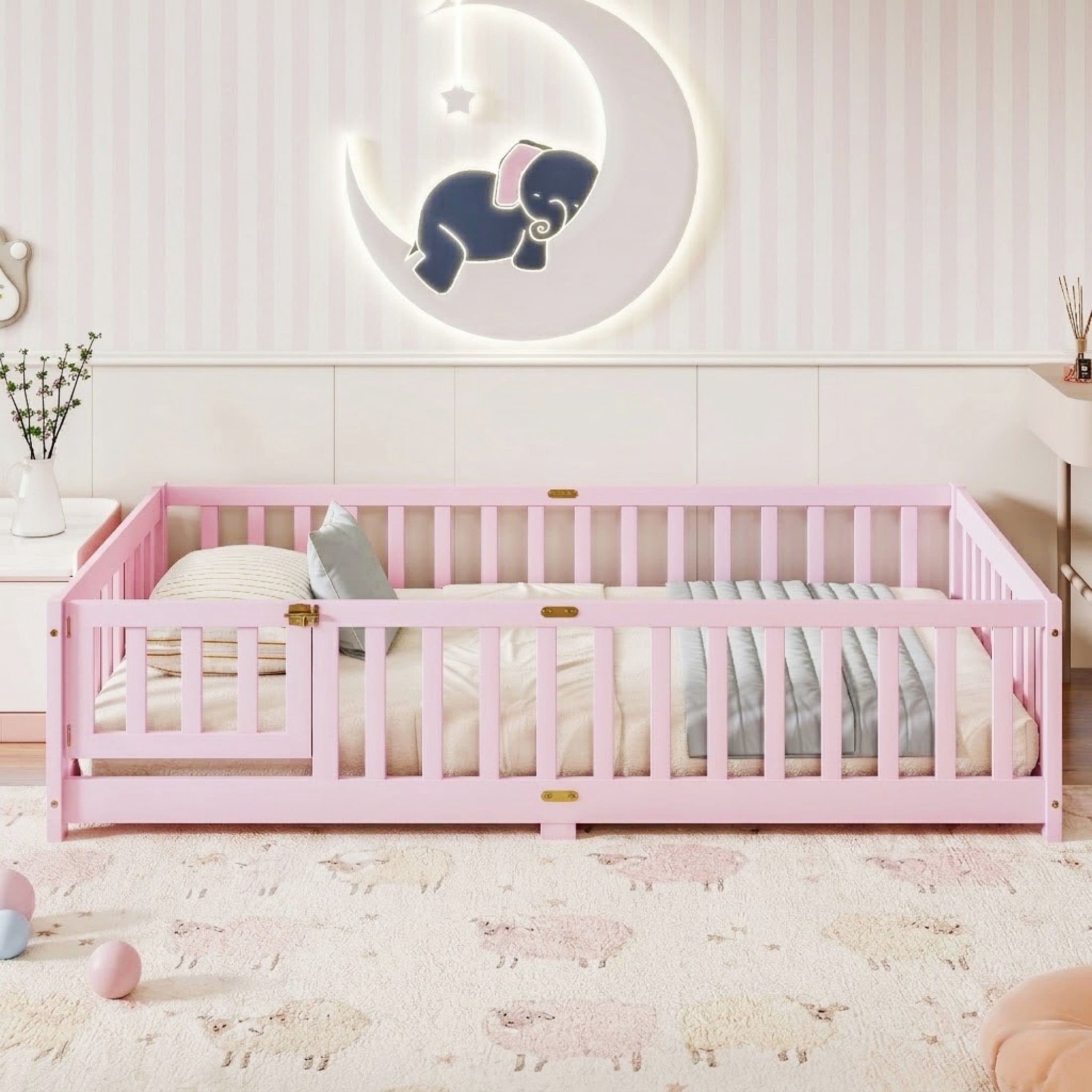 Noble House Corvel Twin Size Rubber Wooden Floor Bed with Safety Guardrails & Latching Fence Door, Pink