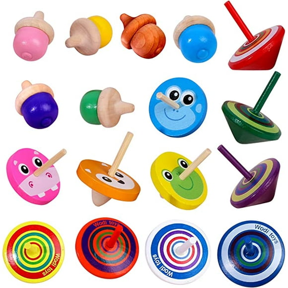 Wooden Spinning Tops, 17 Pcs Wood Novelty Gyroscopes, Kids Handmade Painted Spinner, Kindergarten Toys, Vintage Craft Spin Top, Great Gift for Toddlers Girls Boys