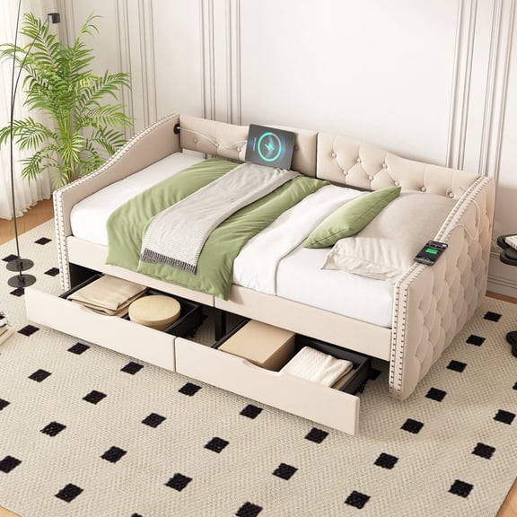 Twin Size Daybed with Storage Drawers, Upholstered Velvet Corner Bed with Charging Station and Headboard, Sofa Day Bed with Strong Supports for Living Room, Beige