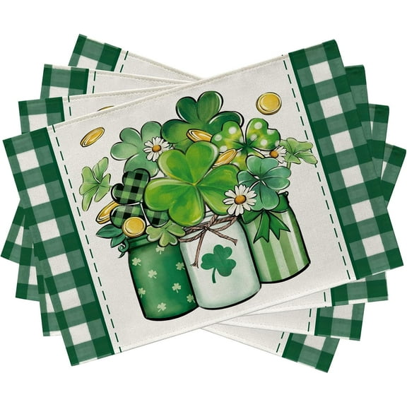 St. Patrick''s Day Clover Placemats Set of 4, Shamrock Mason Jar Plaid Check Farmhouse Dining Table Place Mats, Gold Coins Daisy Irish Holiday Kitchen Decor Home Decoration 12 x 18 Inch