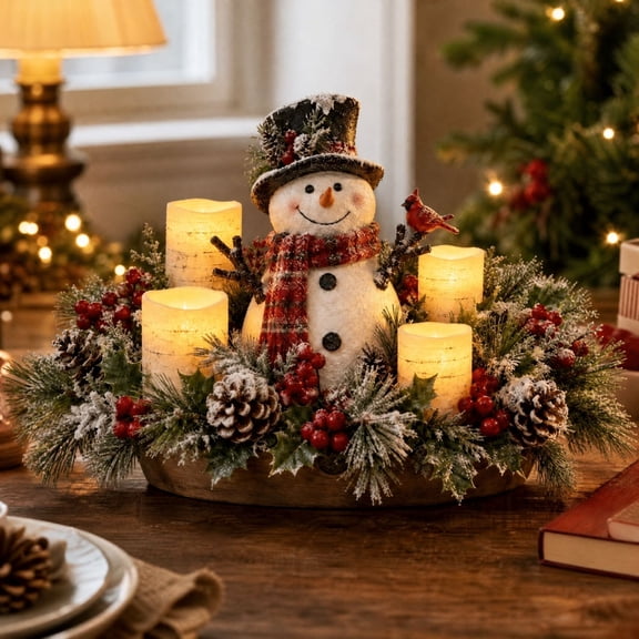 Snowman Christmas Lighted Centerpiece with Flameless Candle Glow, 5.9 Inch 360 Degree Full with Pinecones Red Berries, Wooden Base Table Decor for Christmas Party Dinners and Seasonal Home Displays