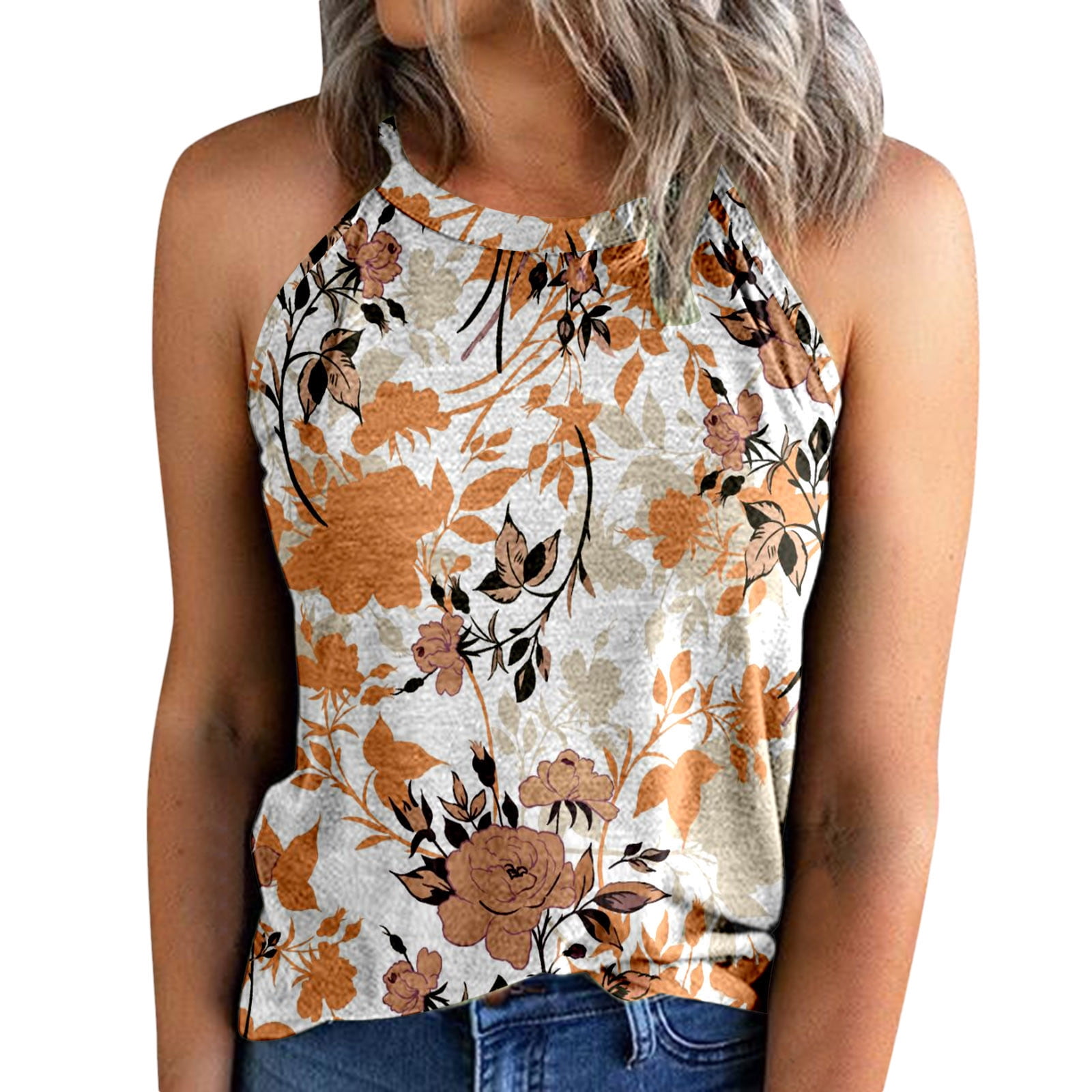 tan sleeveless blouse