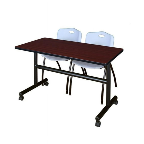 48" x 30" Flip Top Mobile Training Table- Mahogany and 2 "M" Stack Chairs- Grey